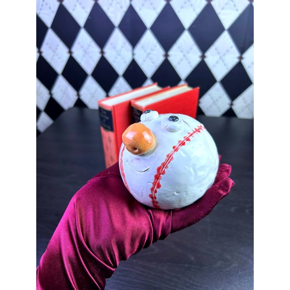Handmade Ceramic Baseball Face Figurine, Whimsical Clay Character Snowman